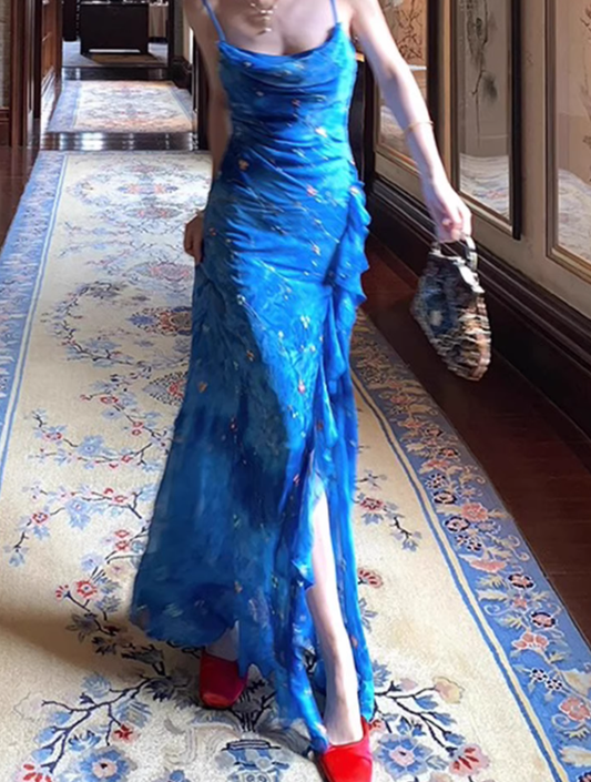 Dreamy Blue Mermaid Spaghetti Strap Chiffon Prom Dress Party Dress Date Dresses with Slit DP3685