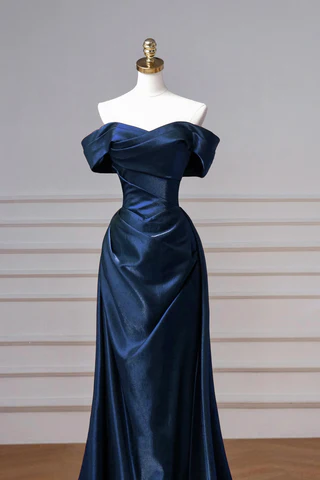 Elegant Mermaid Off the Shoulder Navy Blue Satin Long Prom Dresses Evening Gowns DP4209
