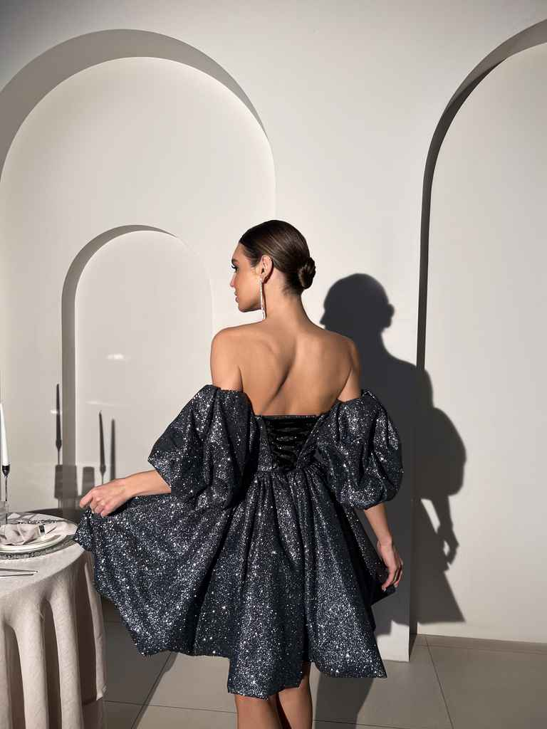 Shiny Ball Gown Puff Black Sequin Short Prom Dress Homecoming Dress DP3935