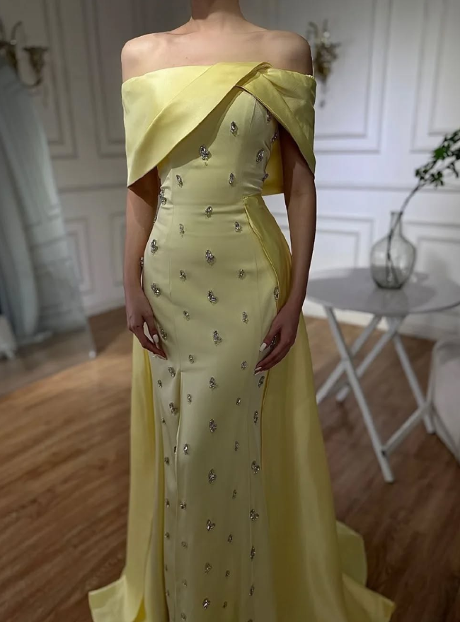 Yellow Sheath Off the Shoulder Rhinestone Satin Long Prom Dress Evening Dress DP1436