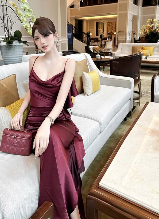 Pretty A Line Spaghetti Strap Ruffle Burgundy Satin Backless Prom Dress Evening Dress DP5920