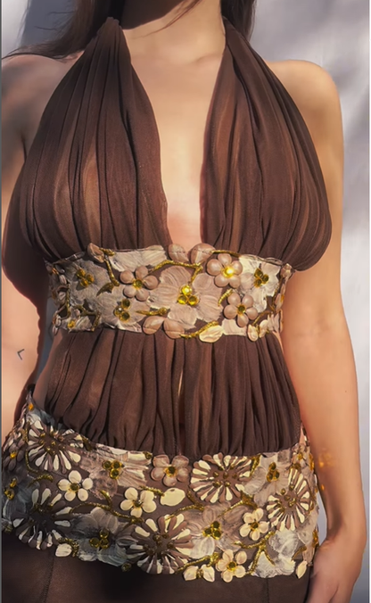 Vintage Mermaid  Appliques Brown Tulle Long Prom Dress Evening Dress DP1401