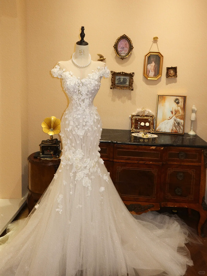 Elegant Mermaid Off the Shoulder White Appliques Tulle Long Prom Dress Wedding Dress DP7038