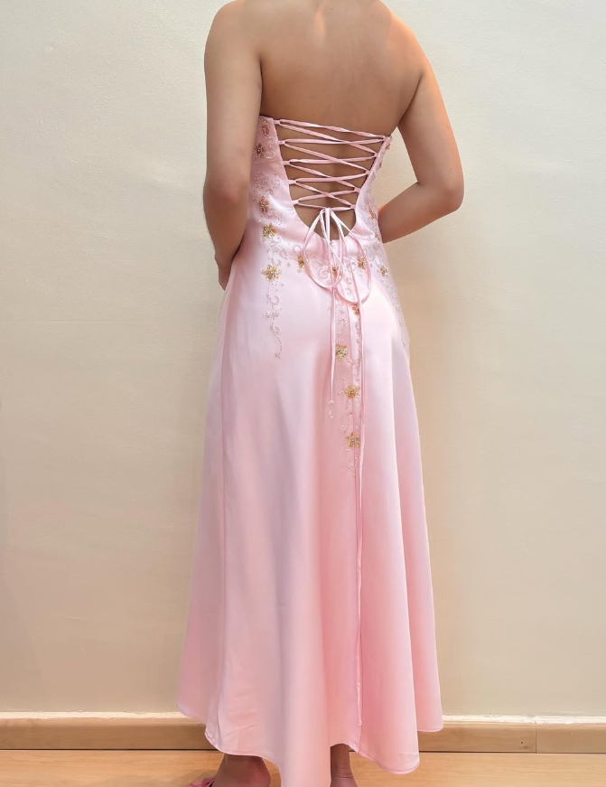 Pink A Line Strapless Sequin Beaded Satin Prom Dress Evening Dress DP1608