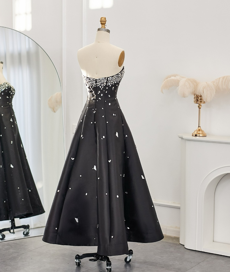 Charming A Line Strapless Black Satin Long Prom Dress Evening Dress DP1477