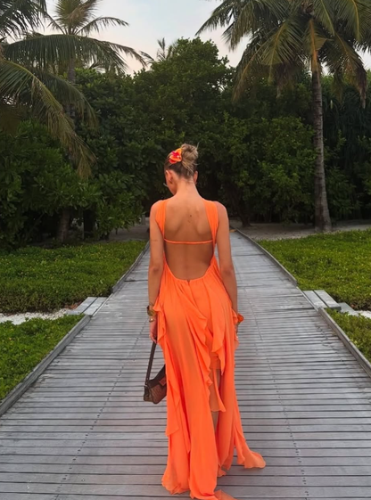 Flowy Orange A Line Halter Ruffle Chiffon Prom Dress Party Dress Vacation Dress DP3526