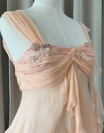 Baby Peach A Line Two Piece Appliques Tiered Chiffon Party Dress Evening Dress DP4937