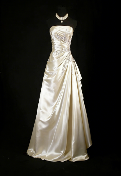 Vintage A Line Strapless Navy Blue Satin Long Prom Dresses Party Dress DP3246