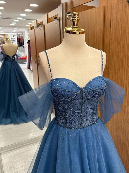 Blue Tulle Beading Long Prom Dress Evening Dress DP077