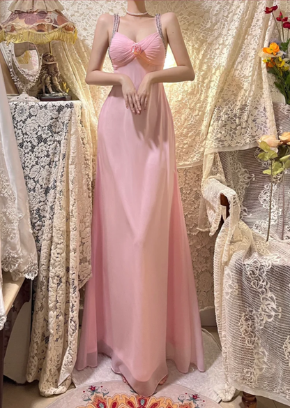 Gentle A Line Spaghetti Strap Beaded Pink Chiffon Long Prom Dress Wedding Guest Dress DP4275