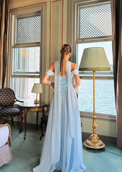 Elegant Baby Blue A Line Off the Shoulder Chiffon Satin Prom Dress Evening Dress Formal Dress DP3211