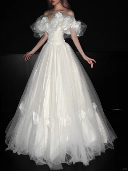 Elegant Princess A Line Off the Shoulder Floral Tulle Wedding Dress DP5174