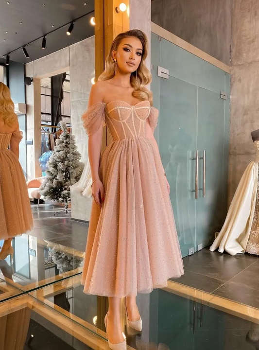 Elegant A Line Off the Shoulder Rhinestone Tulle  Prom Dress Evening Dress DP1714