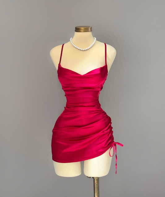 Mini Dress Sexy Sheath Spaghetti Strap Red Satin Prom Dress Cocktail Dress DP2776