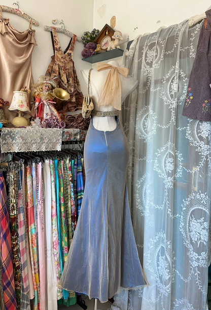 Vintage Mermaid Spaghetti Strap Navy Blue Satin Tulle Prom Dress Evening Dress DP8253