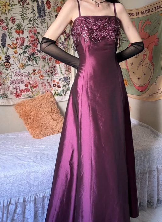 Vintage A Line Spaghetti Strap Sequin Beaded Satin Prom Dress Graduation Prom Dress DP2256