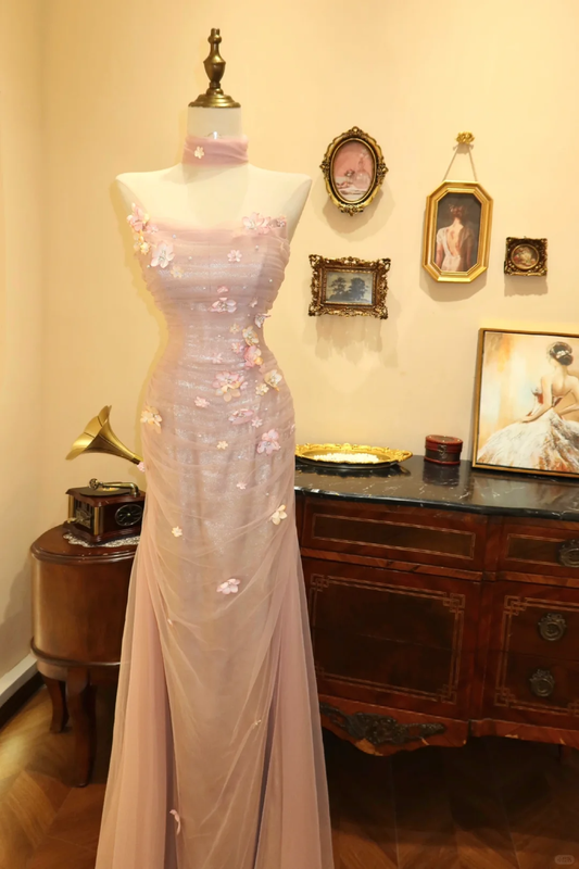 Pink Romantic A Line Sweetheart Neck Floral Tulle Prom Dress Evening Dress DP2817