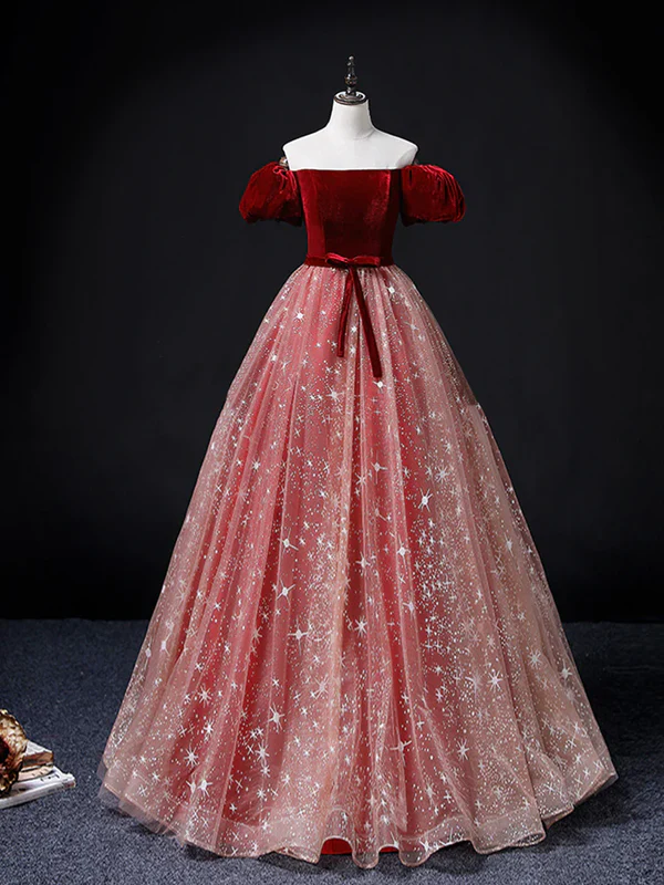 Burgundy Tulle Velvet Off The Shoulder Long Prom Dress Ball Gown DP590