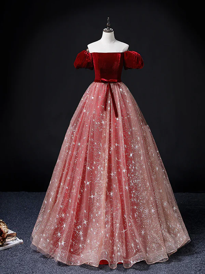 Burgundy Tulle Velvet Off The Shoulder Long Prom Dress Ball Gown DP590