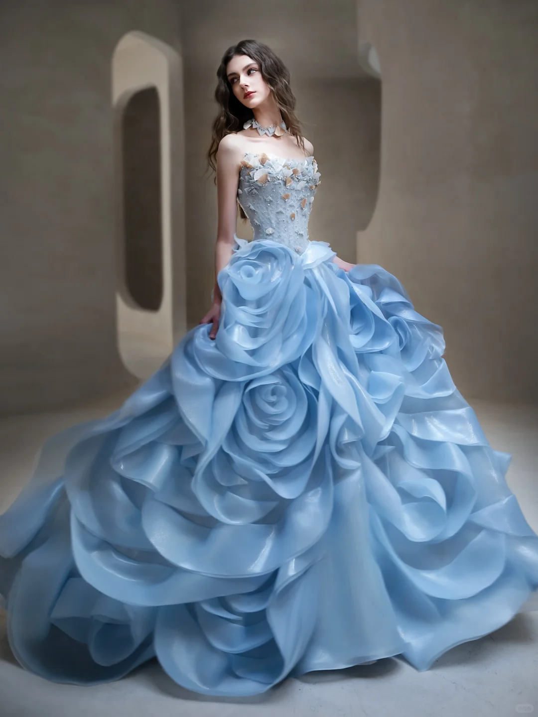 Exquisite Blue Floral Ball Gown Strapless Beaded Organza Long Prom Dress Evening Dress Formal Gown DP3435