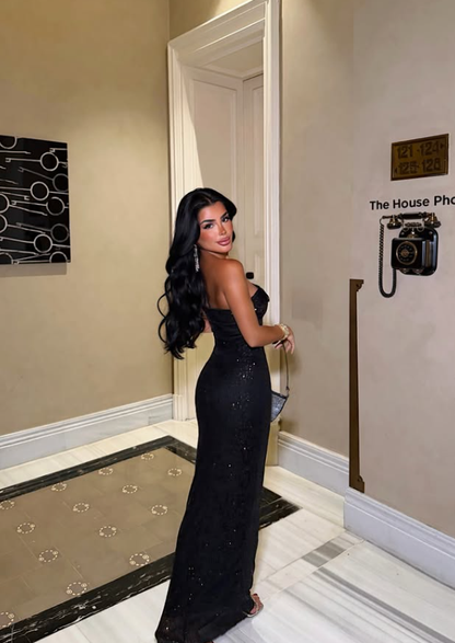 Sexy Black Sheath Strapless Shiny Sequin Long Prom Dress Evening Dress DP8173
