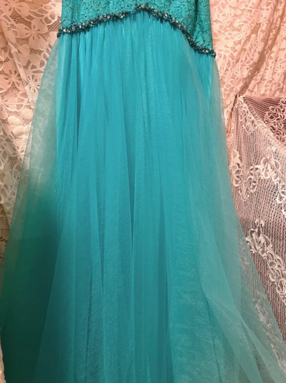 Vintage Mermaid Spaghetti Strap Beaded Blue Lace Tulle Prom Dress Wedding Guest Dress DP4278