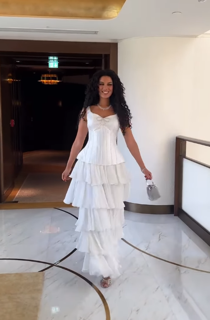 White A Line Straps Beaded Layered Chiffon Satin Prom Dress Evening Dress DP4340