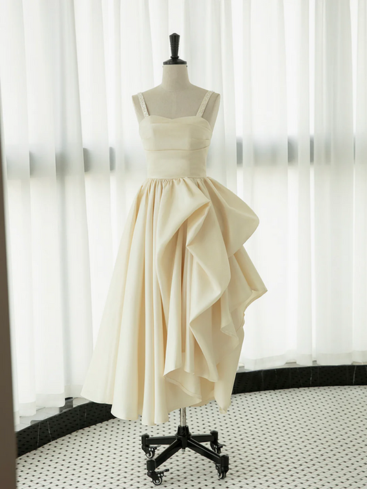 Irregular A Line Champagne Satin Tea Length Prom Dress Evening Party Dress DP1116