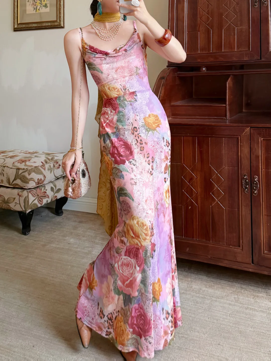 Beautiful Sheath Spaghetti Straps Pink Printed Floral Chiffon Long Prom Dress Evening Dress DP6786