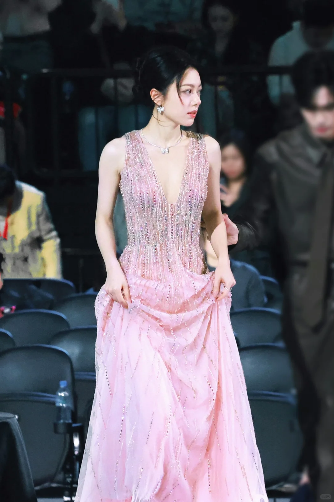 Gorgeous A Line V Neck Beaded Sequin Pink Tulle Long Party Dress Evening Dress DP2435