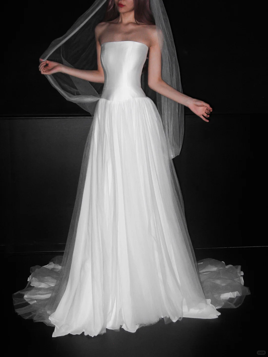 Classic Simple A Line Strapless White Tulle Satin Wedding Dress DP5187