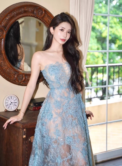 Gentle Blue A Line Strapless Lace Prom Dress Party Dress Date Dress DP4459