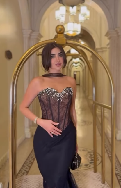 Sexy Mermaid Sweetheart Neck Beaded Black Tulle Long Prom Dress Evening Dress DP4333