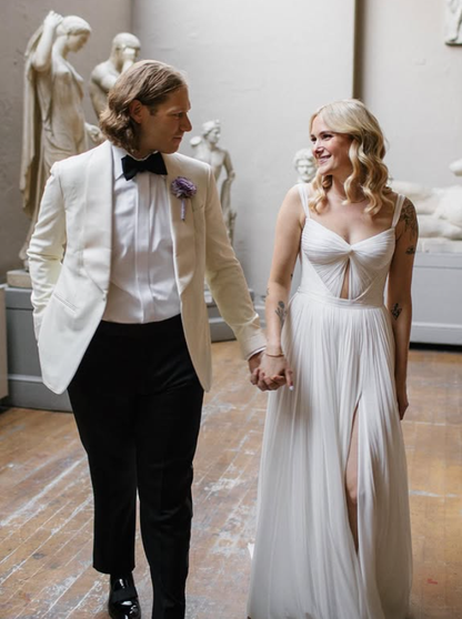 Flowy A Line Spaghetti Strap White Chiffon Wedding Dresses with Slit DP4349