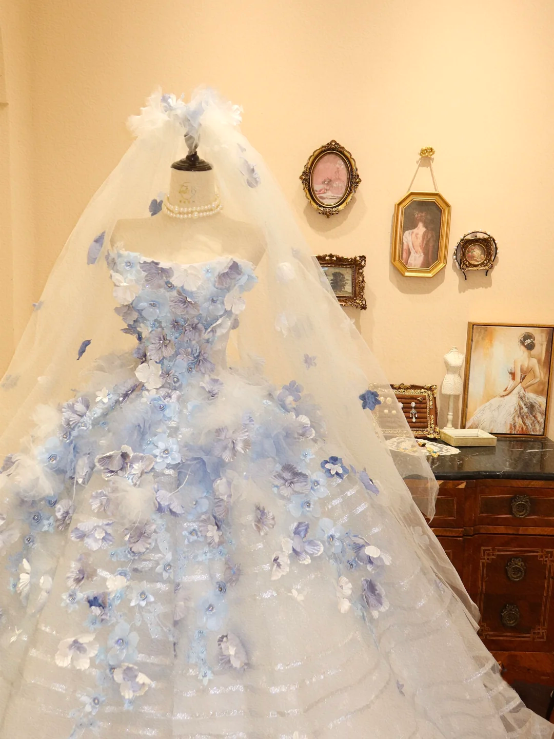 Blue Ombre Floral Ball Gown Strapless Tulle Long Prom Dress Evening Dress DP7054