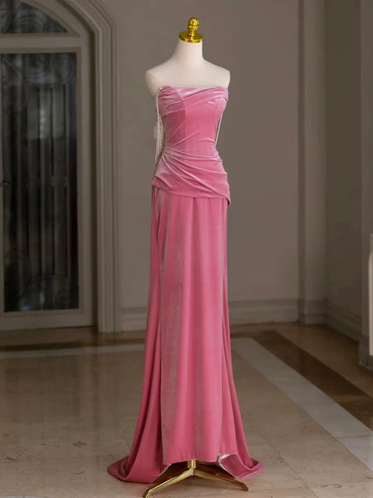 Mermaid Pink Velvet Pearls Long Prom Dress Formal Evening Dress DP635