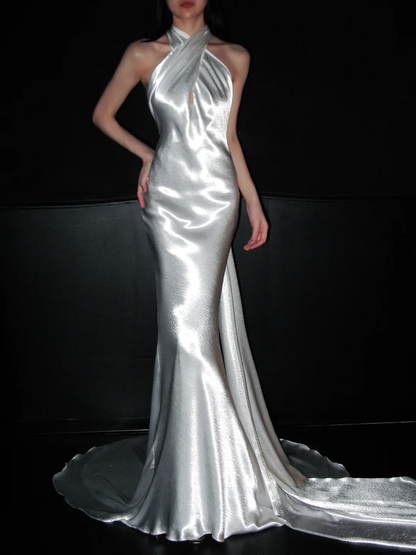 Classic Simple Mermaid Halter White Satin Wedding Dress DP5175