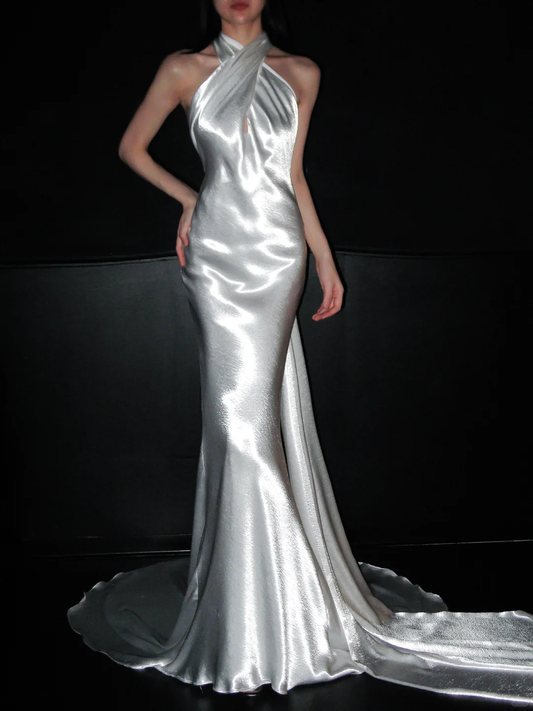Classic Simple Mermaid Halter White Satin Wedding Dress DP5175