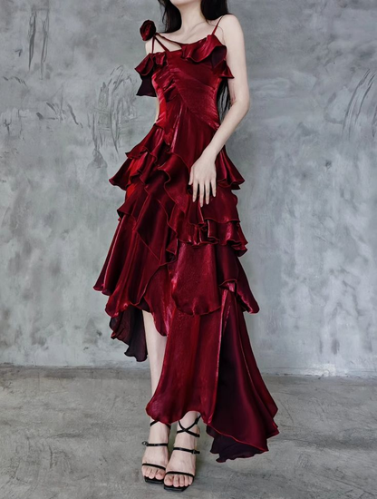 Red Asymmetrical Layered Ruffles Evening Gown Prom Dress Outfits DP667