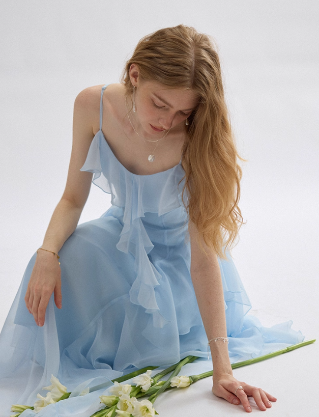 Gentle Baby Blue A Line Spaghetti Strap Ruffle Chiffon Prom Dress Vacation Dress Outfits DP3652