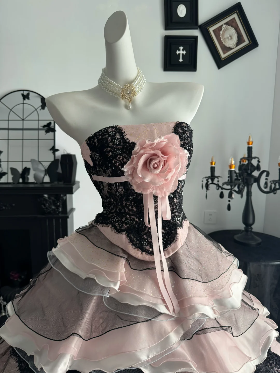 Black-pink Ball Gown Strapless Layered Organza Prom Dress Quinceanera Dress DP6969