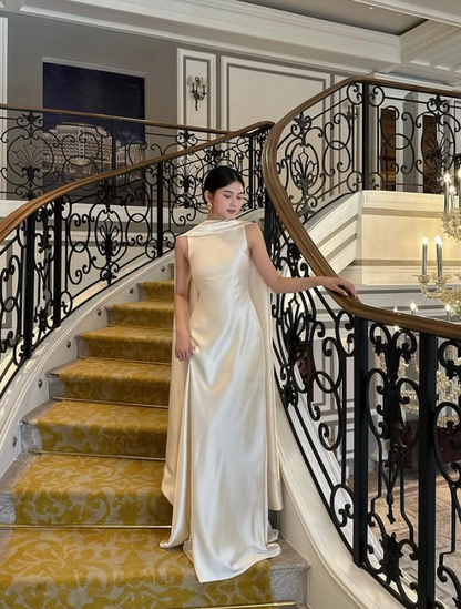 Gentle Ivory A Line Round Neck Beaded Satin Long Prom Dress 16th Birthday Dress DP3970