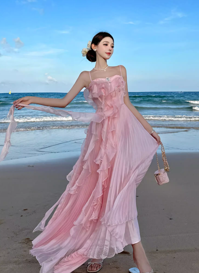 Pink A Line Spaghetti Strap Pleated Ruffle Chiffon Long Beach Vacation Dress Outfits DP3402
