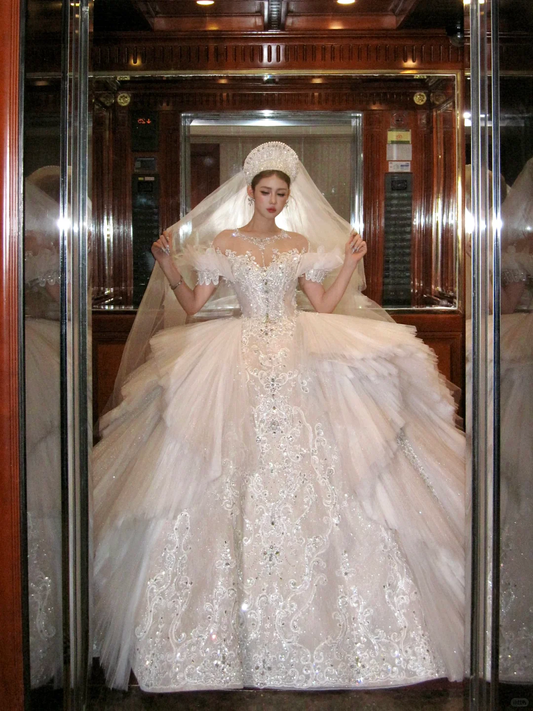 Exquisite Ball Gown Off the Shoulder Beaded Sequin White Tulle Prom Dress Wedding Dress DP4243