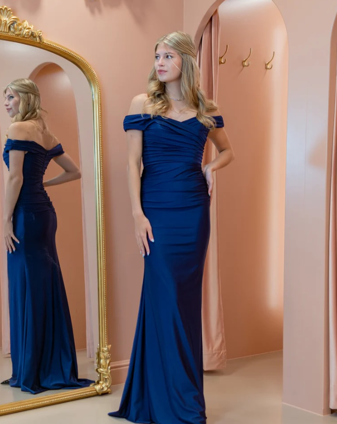 Navy Blue Sheath Off the Shoulder Pleated Satin Long Prom Dress Evening Dress DP6598