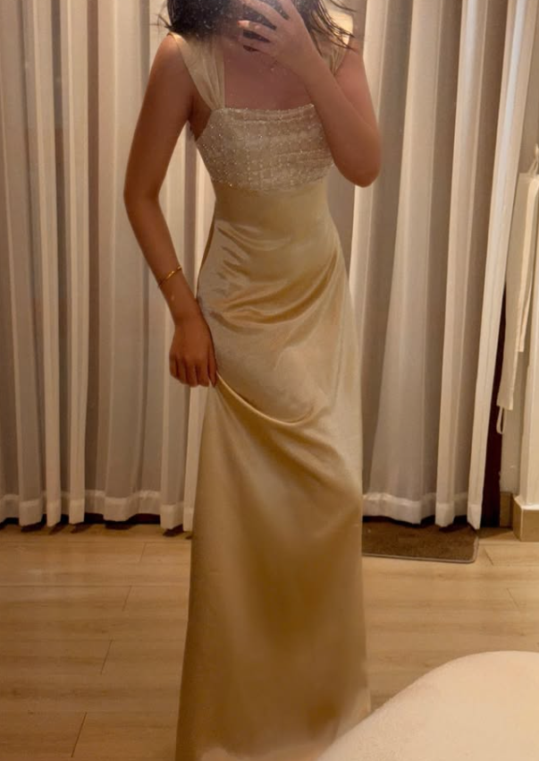 Champagne A Line Strap Exquisite Beaded Satin Prom Dress Evening Dress DP7917