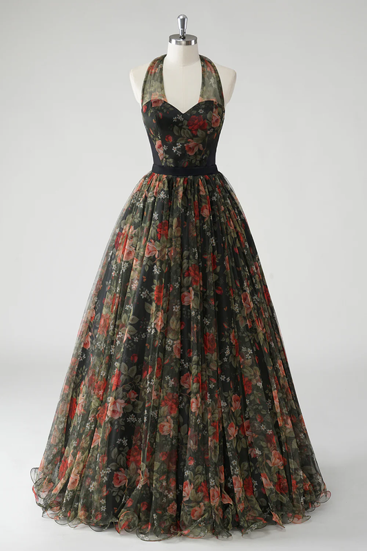 Vintage A Line Halter Print Floral Chiffon Long Prom Dress Evening Dress DP1480