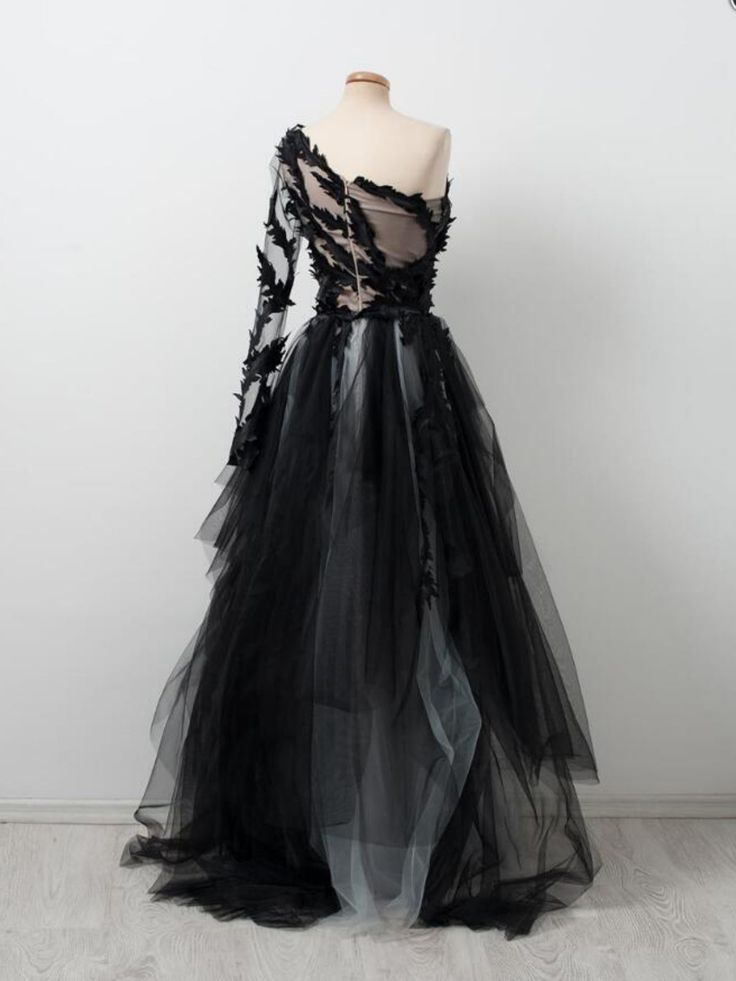 Chic One Shoulder Black And Gray Tulle Lace Long Prom Dress Formal Evening Dress DP329