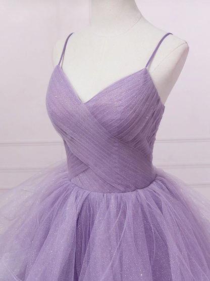 Shiny Purple V Neck Tulle Long Prom Dress Formal Party Evening Dress DP082