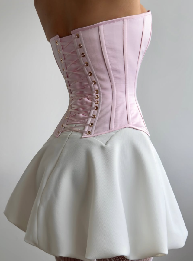 Cute A Line Sweetheart Neck Corset White Pink Satin Short Party Dress Homecoming Dress Birthday Dress DP3004